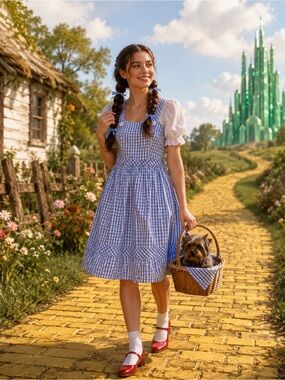 Wizard of Oz Dorothy Costume Dress Blue Gingham Lace Trim Size S